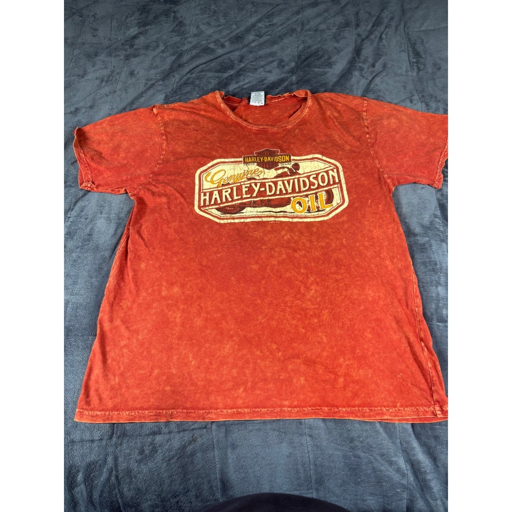 Harley Davidson Men Orange Mineral Wash Genuine Oil Graphic T-Shirt Large